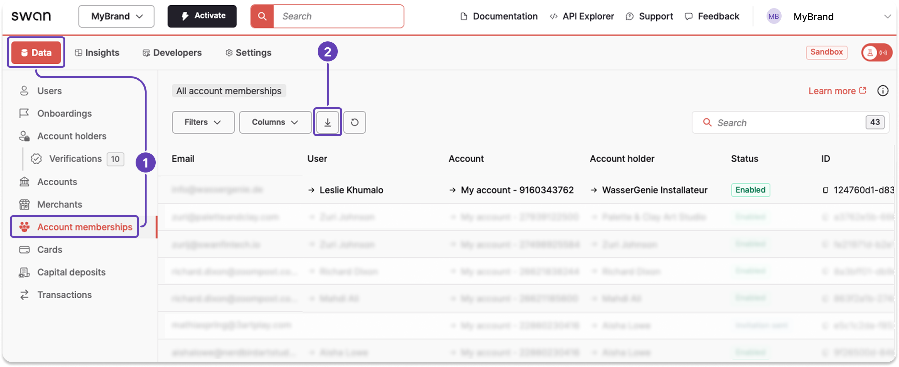 Screenshot of Swan Dashboard account memberships page with a callout download icon to trigger an export